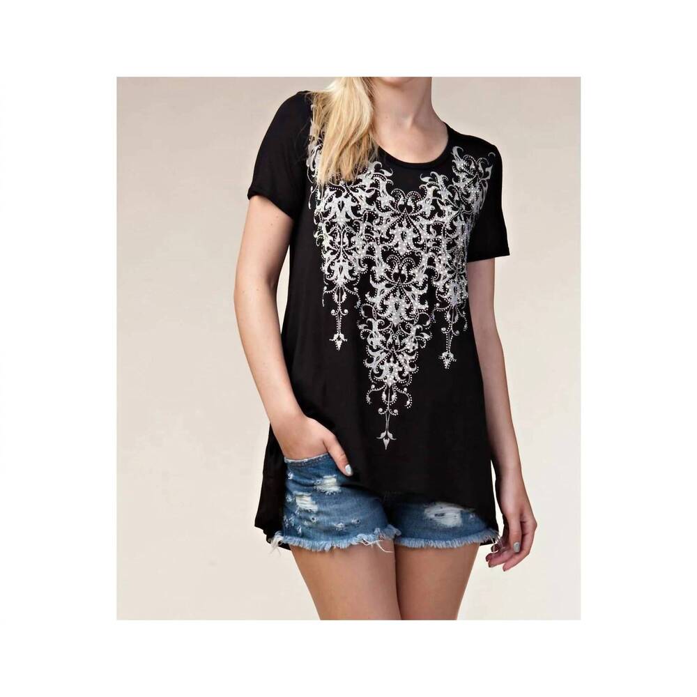 NEW VOCAL APPAREL floral printed rhinestone short sleeve knit top in black